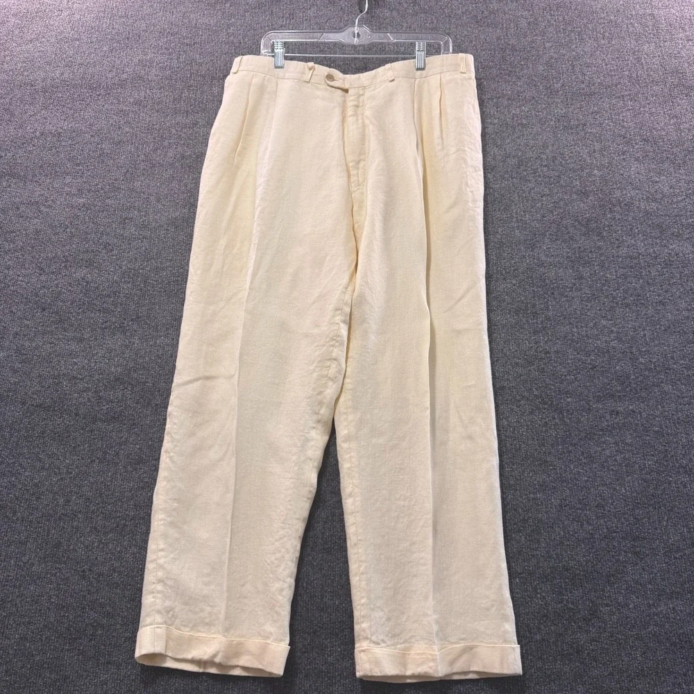 VTG Polo University Ralph Lauren Linen Trousers 42x30(37x29) Cream Herringbone